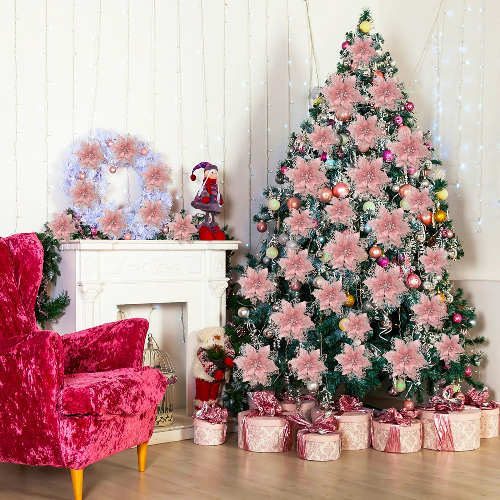 Amazon｜24ピース クリスマス グリッター ポインセチア 花 レイヤード